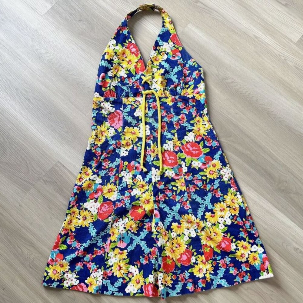 Vintage 60s 70s Floral Handmade Metal Zipper Halter Fit Flare Dress - Picture 5 of 12